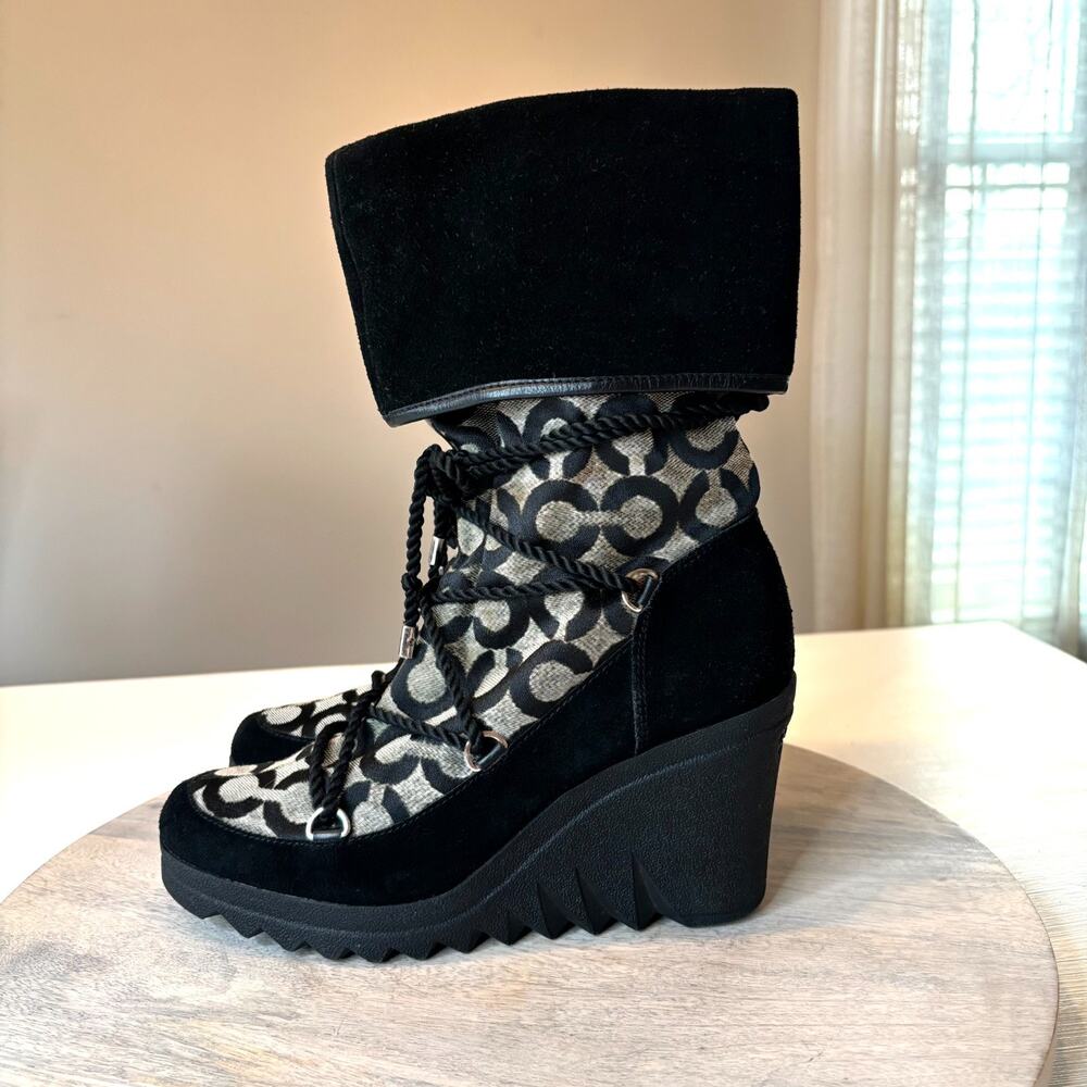 Coach Signature Logo Lace Up Wedge Winter Boots Black Suede Canvas Women's 7.5 - Picture 2 of 10